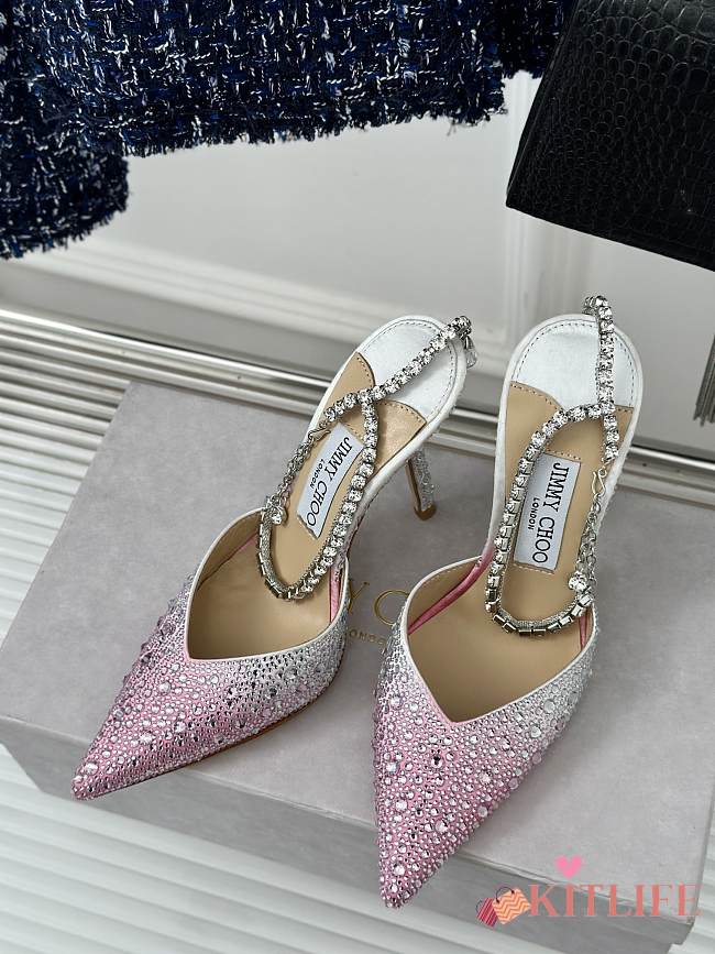 Kitlife jimmychoo Saeda Heel height 100 Candy Pink Satin Pumps with Crystals - 1