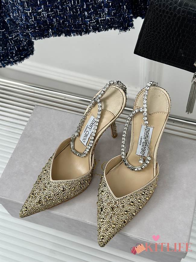 Kitlife jimmychoo Saeda Heel height 100 Candy Gold Satin Pumps with Crystals - 1
