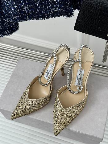 Kitlife jimmychoo Saeda Heel height 100 Candy Gold Satin Pumps with Crystals