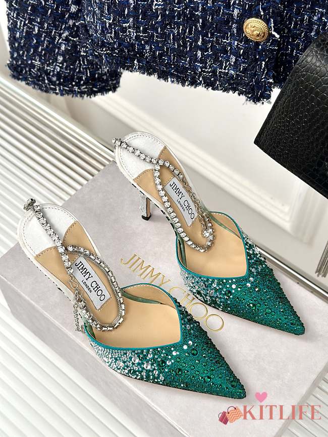 Kitlife jimmychoo Saeda Heel height 100 Candy Green Satin Pumps with Crystals - 1