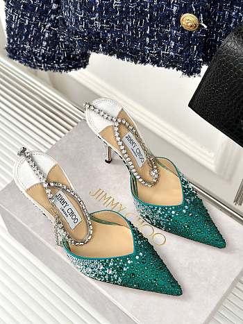 Kitlife jimmychoo Saeda Heel height 100 Candy Green Satin Pumps with Crystals