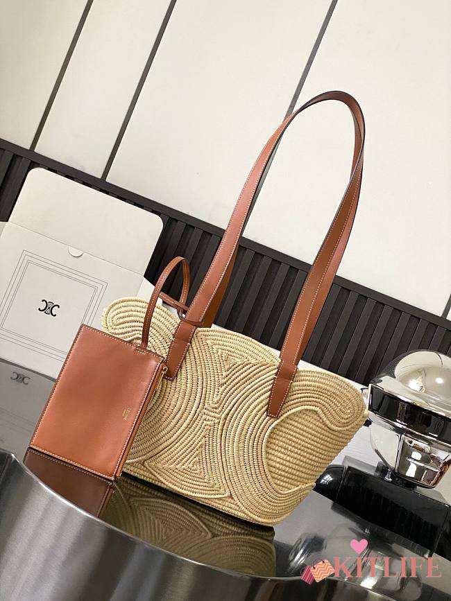 CELINE CLASSIC PANIER SMALL BRAIDED TRIOMPHE IN RAFFIA AND CALFSKIN TAN 42 X 21.5 X 12 CM - 1