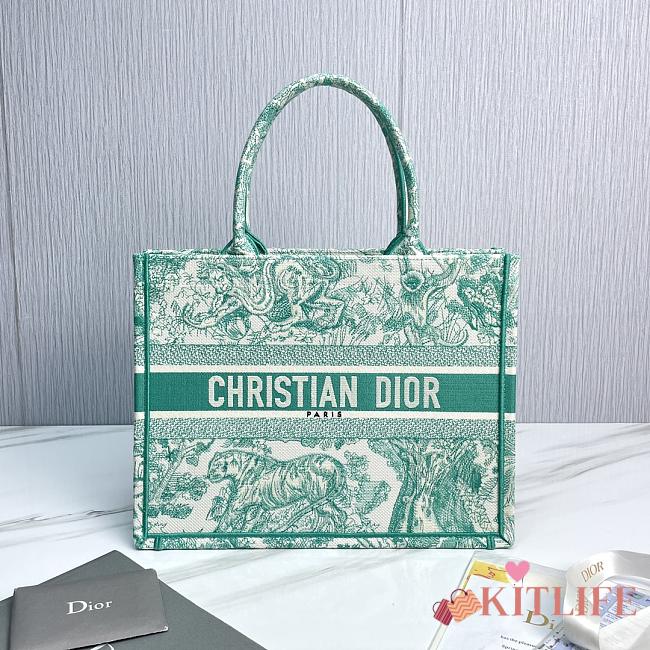 kitlife Green Medium Dioriviera Dior Book Tote Aquamarina Toile de Jouy Embroidery - 36 x 27.5 x 16.5 cm - 1