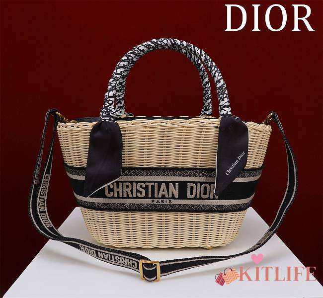 kitlife Dior Hat Basket Bag Natural Wicker and Blue Dior Oblique Jacquard - 35 x 20.5 x 11 cm - 1