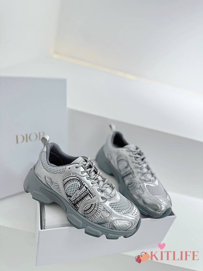 kitlife Dior Chrono Sneaker Gray Mesh with Silver-Tone Laminated Leather-Effect Panels - 1