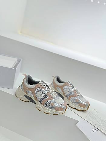 Dior Chrono Sneaker White Mesh with Nude and Silver-Tone Laminated Leather-Effect Panels