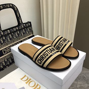 Dior Dway Slide Natural Raffia and Black Embroidered Cotton