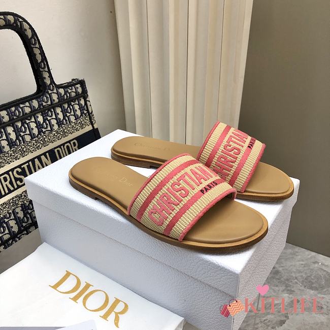 Dior Dway Slide Natural Raffia and Pink Embroidered Cotton - 1