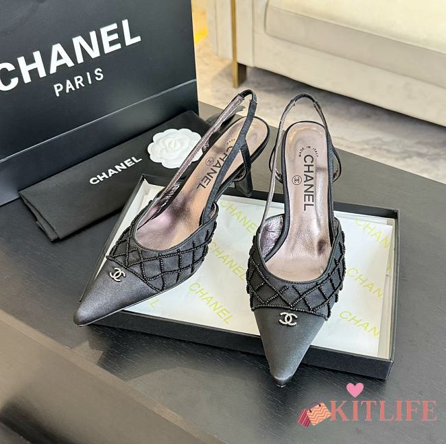 Kitlife Chanel Black Satin CC Beads Embellished Slingback Pumps - 1