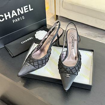 Kitlife Chanel Black Satin CC Beads Embellished Slingback Pumps