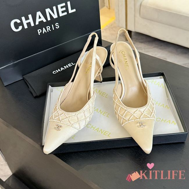 Kitlife Chanel White Satin CC Beads Embellished Slingback Pumps - 1