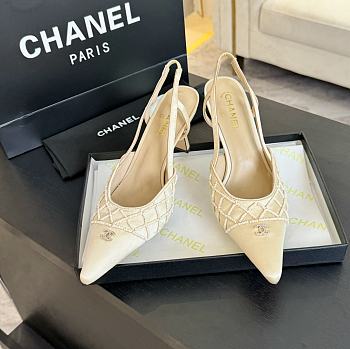 Kitlife Chanel White Satin CC Beads Embellished Slingback Pumps