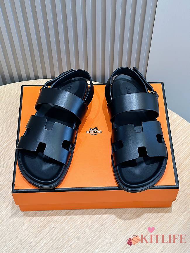 kitlife Hermes Men's Genius Sandals In Black Calfskin  - 1