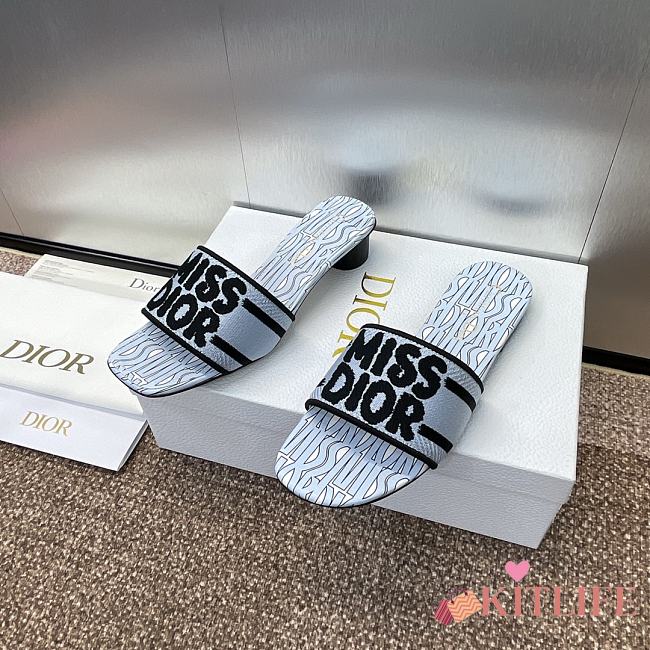 Kitlife Dior Dway Heeled Slide Blue and White Embroidered Cotton 3.5cm - 1