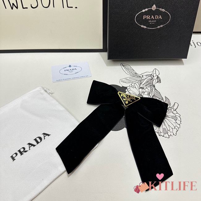 Prada Women's Black Triangle-Logo Velvet Hair Clip - 1