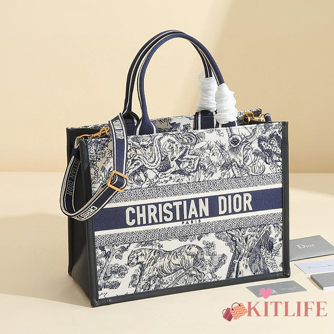 kitlife Dior Book Tote Latte Multicolor Dior Zodiac Embroidery and Blue Calfskin bag - 36.5x28x17.5 - 1