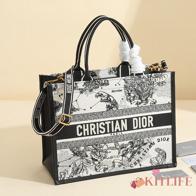 kitlife Dior Book Tote Latte Multicolor Dior Zodiac Embroidery and Black Calfskin bag - 36.5x28x17.5 - 1