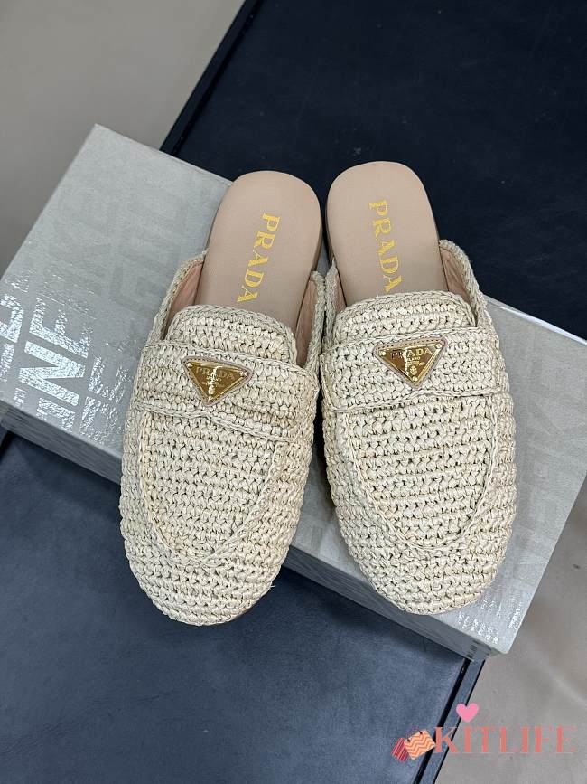 Kitlife Prada Women's White Logo Appliqué Woven Crochet Flat Mules - 1