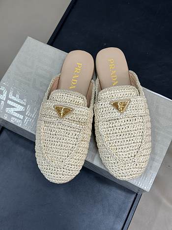 Kitlife Prada Women's White Logo Appliqué Woven Crochet Flat Mules