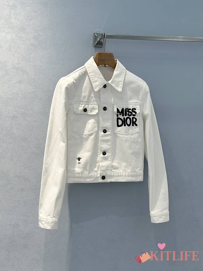 Jacket White Cotton Denim with Blue Miss Dior Graffiti Motif - 1