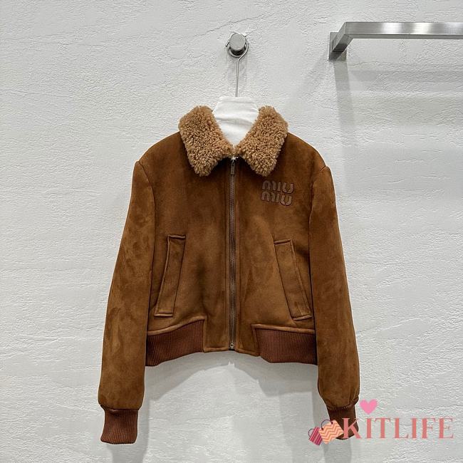 Kitlife Miu Miu Shearling-trimmed cropped suede jacket brown  - 1