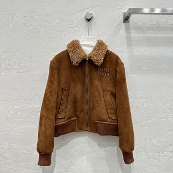 Kitlife Miu Miu Shearling-trimmed cropped suede jacket brown 