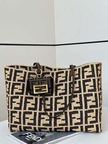 kitlife Fendi large Roll Brown FF raffia crochet shopper with pouch bag - 35x19x31cm