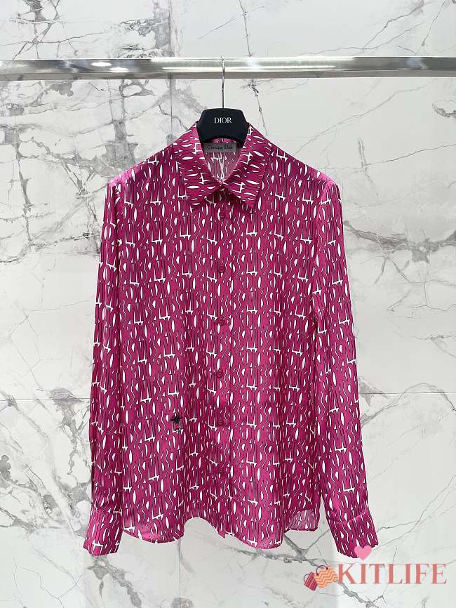 Kitlife Dior Blouse White Silk Twill with Navy Pink Miss Dior Allover Motif - 1