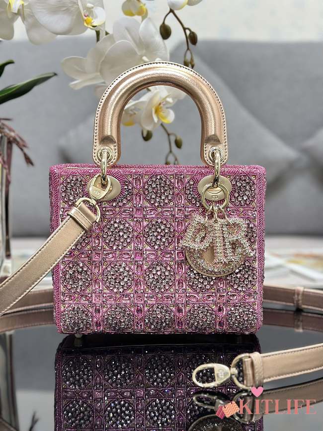 kitlife Dior Bag Metallic Calfskin And Satin With Rose Des Vents Resin Pearl Embroidery - 20 x 16.5 x 8cm - 1