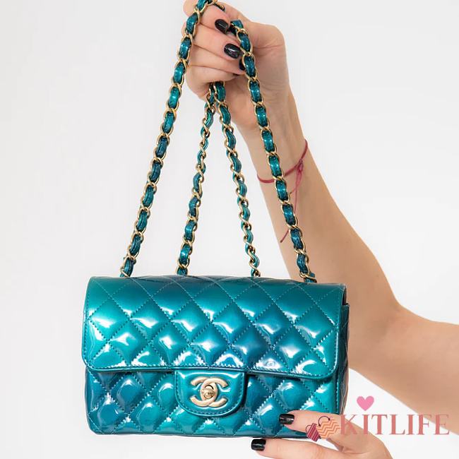 kitlife Chanel Blue Green Patent Rectangular Flap Bag - 20x12x6.5cm - 1