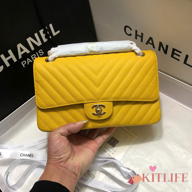 Chanel Caviar Leather 25cm Flap In Yellow With Gold Hardware - 1