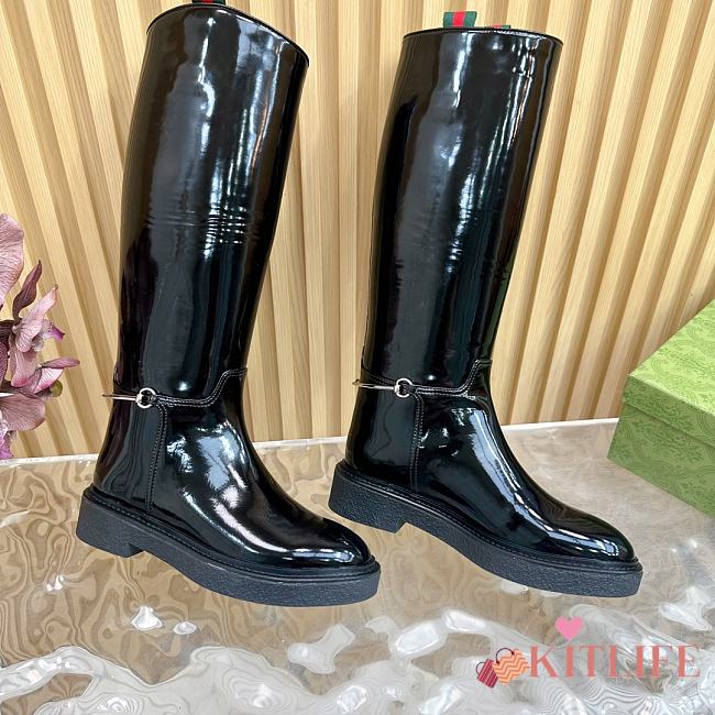 Kitlife Gucci Women's slim Horsebit boot black shiny leather - 1