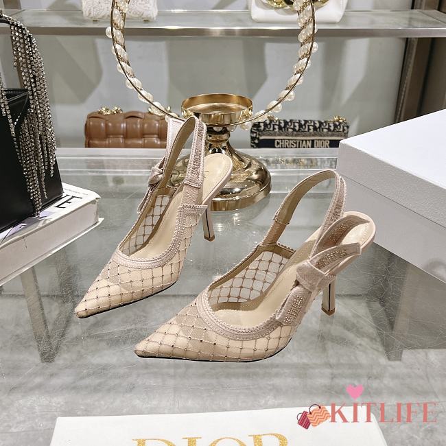 Kitlife J'Adior Slingback Pump Beige Transparent Mesh Embroidered with Silver-Tone Strass 10cm - 1