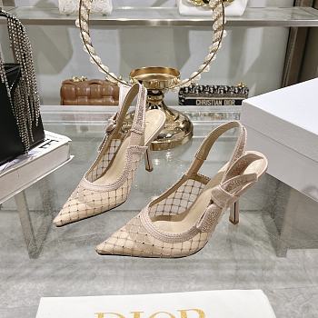 Kitlife J'Adior Slingback Pump Beige Transparent Mesh Embroidered with Silver-Tone Strass 10cm