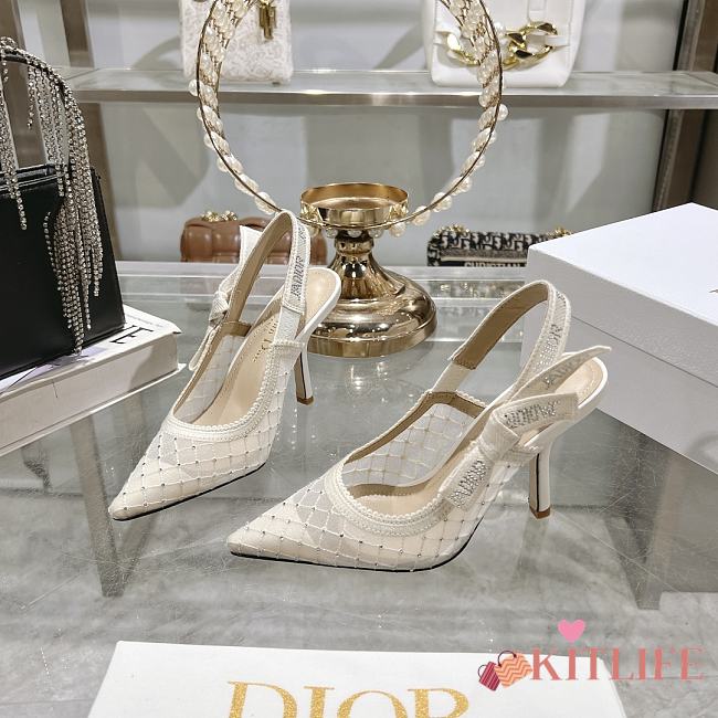 Kitlife J'Adior Slingback Pump white Transparent Mesh Embroidered with Silver-Tone Strass 10cm - 1