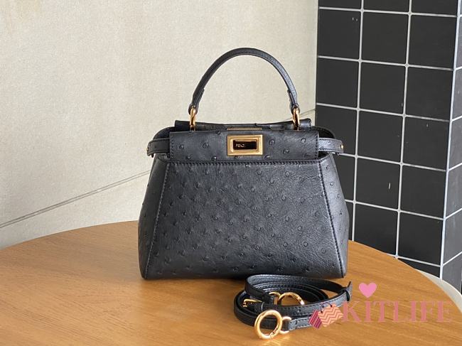 Kitlife Fendi Peekaboo Mini black ostrich leather bag - 23x18x12cm - 1