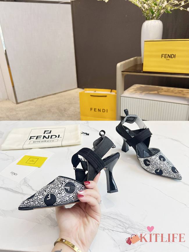 kitlife Fendi Colibrì Black mesh and rhinestone high-heeled slingbacks  85 mm - 1