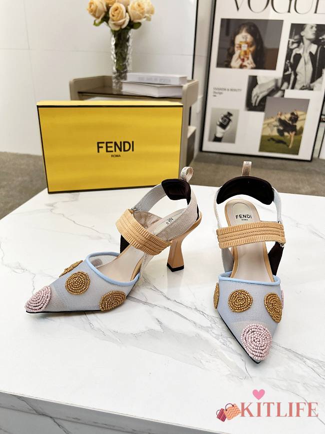 kitlife Fendi Colibrì Beaded Blue tulle high-heeled slingbacks 85mm - 1