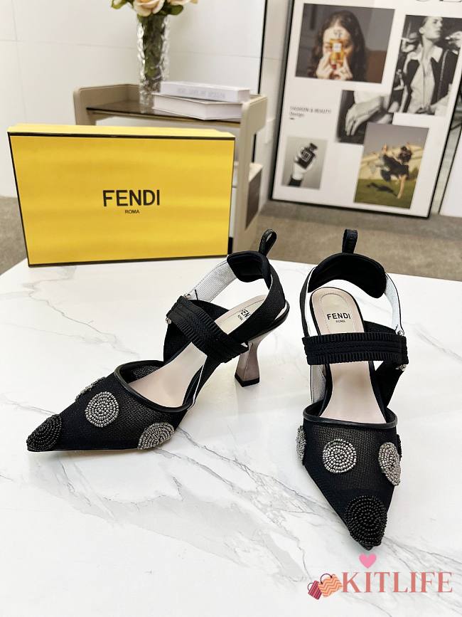 kitlife Fendi Colibrì Beaded Black tulle high-heeled slingbacks 85mm - 1
