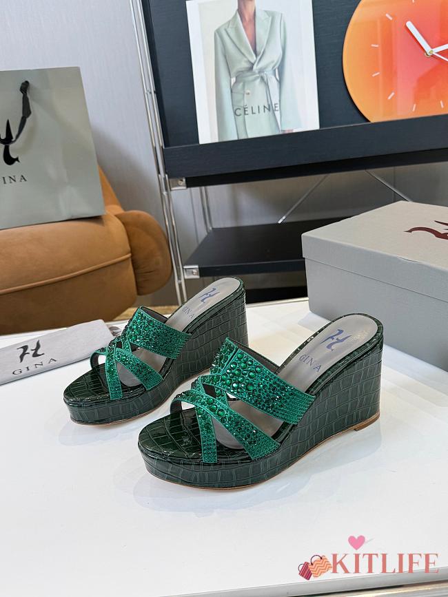 Kitlife Gina Green Croc Embossed Leather Embellished Wedge Platform Sandals - 1