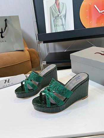 Kitlife Gina Green Croc Embossed Leather Embellished Wedge Platform Sandals