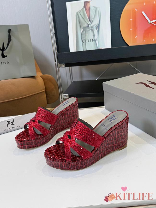Kitlife Gina red Croc Embossed Leather Embellished Wedge Platform Sandals - 1
