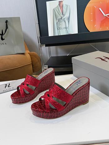 Kitlife Gina red Croc Embossed Leather Embellished Wedge Platform Sandals