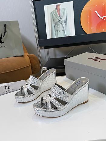 Kitlife Gina Silver Croc Embossed Leather Embellished Wedge Platform Sandals