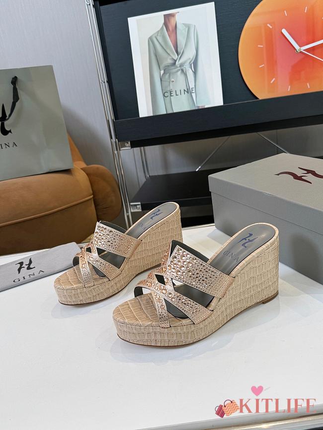 Kitlife Gina Beige Croc Embossed Leather Embellished Wedge Platform Sandals - 1