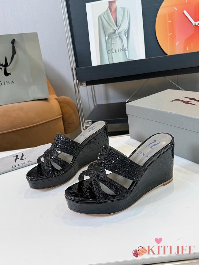 Kitlife Gina Black Croc Embossed Leather Embellished Wedge Platform Sandals - 1
