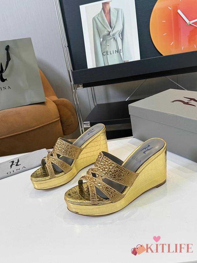 Kitlife Gina Gold Croc Embossed Leather Embellished Wedge Platform Sandals - 1