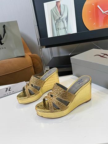 Kitlife Gina Gold Croc Embossed Leather Embellished Wedge Platform Sandals