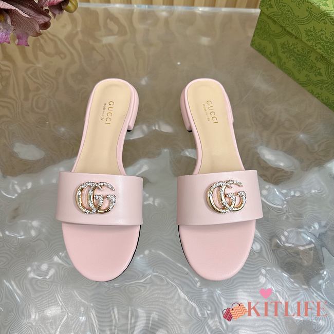 Kitlife Gucci Double G Diamond Buckle Flat Slippers Light Pink Leather - 1
