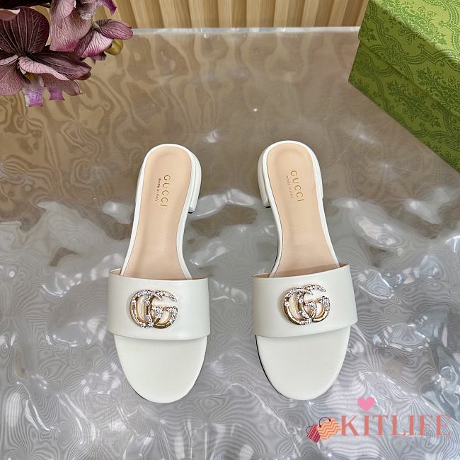 Kitlife Gucci Double G Diamond Buckle Flat Slippers White Leather - 1